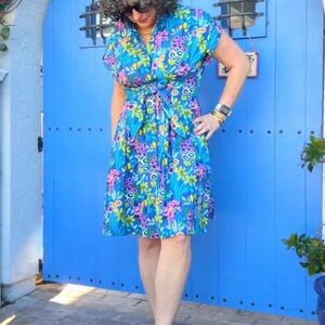 Blue Floral Tie-Front Midi Dress